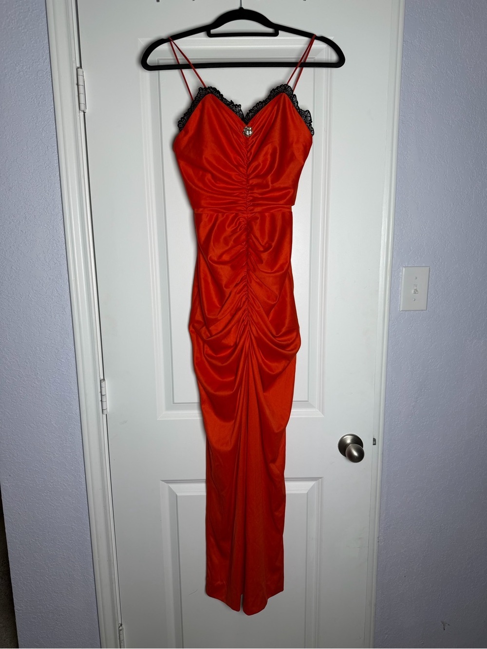 Frederick’s Of Hollywood Vintage Bombshell Maxi Dress Red Ruched Satin RARE Sexy